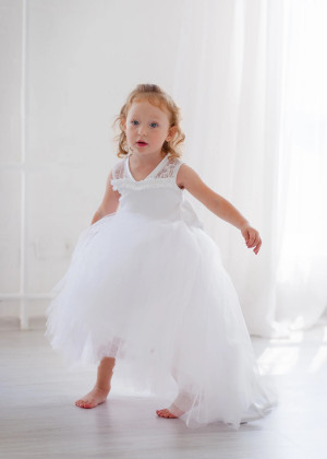 White Lace Tulle High Low Flower Girl Dress
